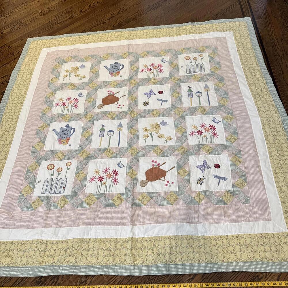 Vintage Handmade Block Pattern Floral Gingham Quilt 80X80 Green Pink Yellow Blue